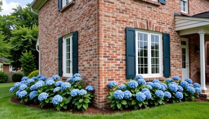Brick house corner adorned with blooming hydrangeas and green grass.