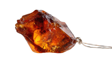 Raw amber gemstone with natural textures, featuring a wire wrap for a pendant, on transparent background