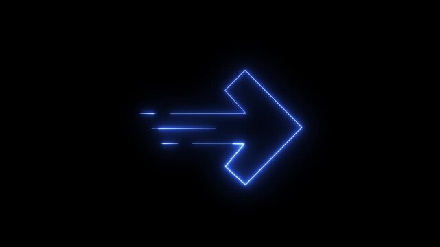 Neon blue arrow animation with motion streaks on a black background, next, forward, direction, progress, or speed
