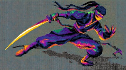 A colorful pixel art depiction of a ninja wielding a sword, showcasing dynamic movement and vibrant colors against a simple background.