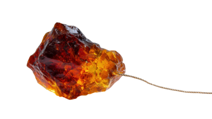 Rosin and colophony sample with string, showing translucent amber colored natural organic resin on transparent background