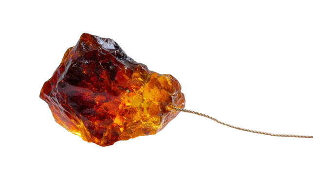 Rosin and colophony sample with string, showing translucent amber colored natural organic resin on transparent background