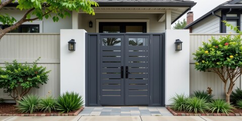 Fototapeta premium Modern entrance with stylish doors and greenery accentuating the façade.