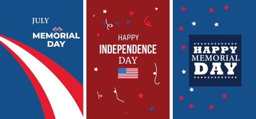 USA Patriotic Holiday Banners: Celebrating Independence Day and Memorial Day with bold red, white, and blue vector graphics, stars, and festive confetti designs.