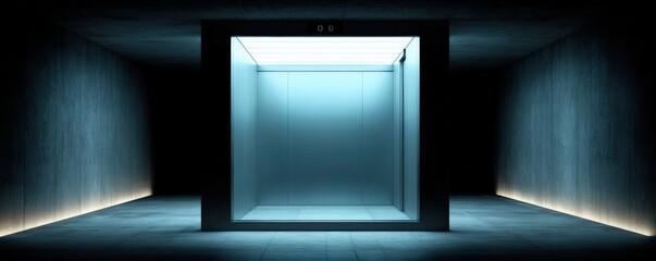 A modern, illuminated elevator stands in a dark, minimalist space, creating a stark contrast between light and shadow.