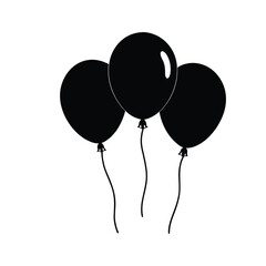 Black and white line art of two floating balloons with strings,Simple line art illustration of three balloons, one black and two white,