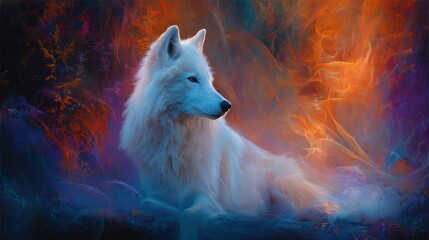 Obraz premium A majestic white wolf rests against a vibrant, swirling backdrop of colors, creating a mystical and enchanting atmosphere.