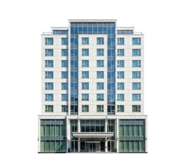 A modern, glass-fronted building with a white facade and blue glass windows, set png transparent