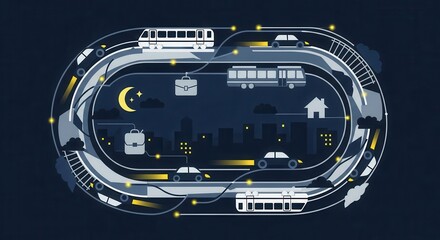 Various modes of urban transportation circulate through a nighttime cityscape illustration