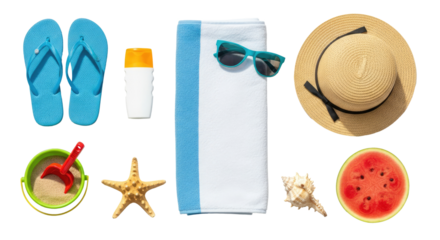 A collection of beach accessories including flip flops, sunscreen, towel, hat, watermelon, and starfish.
