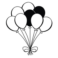 Black and white line art of two floating balloons with strings,Simple line art illustration of three balloons, one black and two white,