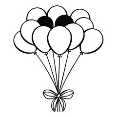 Black and white line art of two floating balloons with strings,Simple line art illustration of three balloons, one black and two white,