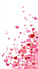 Obraz premium A colorful array of hearts in various shades of pink and red, cascading diagonally across a white background, symbolizing love and affection.