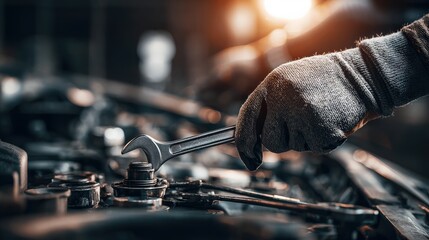 A close-up of a gloved hand using a wrench to work on a car engine, highlighting automotive repair skills and tools in a workshop setting.