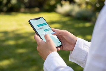 Female hands holding smartphone and typing text messages outdoors in sunny green garden park