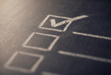 Fototapeta premium White chalk check mark inside a square box on a dark textured chalkboard checklist surface