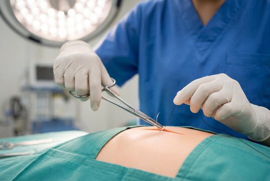 Gloved hands of a nursing student performing a surgical suture on a dummy