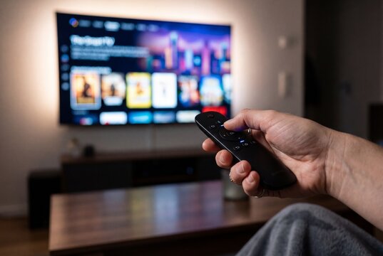 Hand holding black remote control directed at blurred smart TV screen showing streaming application