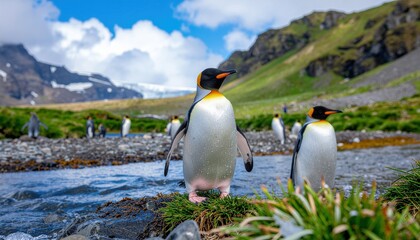 Fototapeta premium Two King penguins stand by a flowing stream in a lush, mountainous landscape with other penguins in the background under a partly cloudy sky.
