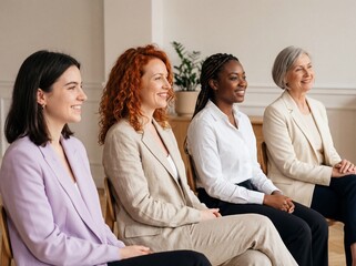 Diverse group of smiling businesswomen sitting in a row at a professional seminar or office meeting