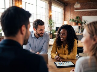Diverse group of happy colleagues looking at financial data on a digital tablet during a team meeting