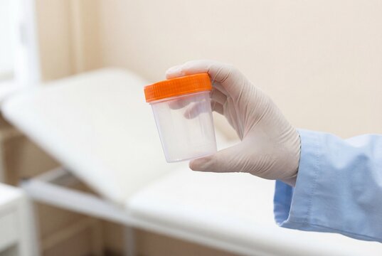 Doctor hand in white glove holding empty plastic sample container with orange lid in clinic room
