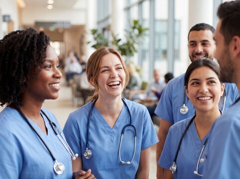 Cheerful diverse group of nurses standing together and laughing in a bright hospital corridor