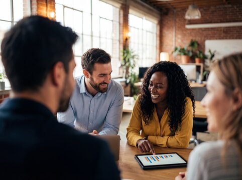 Diverse group of happy colleagues looking at financial data on a digital tablet during a team meeting - Powered by Adobe