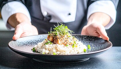 A professional chef proudly presents a beautifully plated gourmet dish of perfectly cooked rice topped with seared protein and fresh sprouts, showcasing fine dining artistry and culinary skill