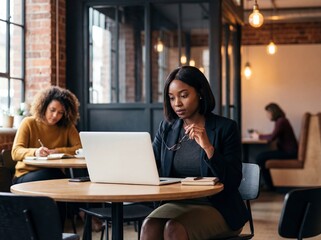 Fototapeta premium Focused black businesswoman working on laptop while holding glasses in a modern co working cafe