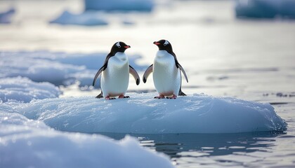 Fototapeta premium Two gentoo penguins stand facing each other on a small ice floe in the Antarctic waters, surrounded by a serene, icy landscape.