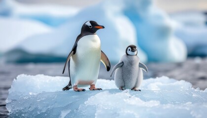 Fototapeta premium An adult Gentoo penguin and its fluffy chick stand together on a floating ice floe in the cold, icy polar waters.