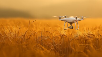 Agricultural drone flies above crops for monitoring growth. Precision farming uses aerial imaging for yield control. Smart agriculture improves productivity and resource management