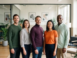 Diverse team of five colleagues standing together smiling in a modern office environment