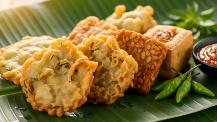 Crispy fried food served on a banana leaf with dipping sauce and garnish