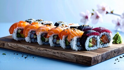 Delicious Assortment of Fresh Sushi Rolls and Nigiri with Salmon and Tuna on a Wooden Board