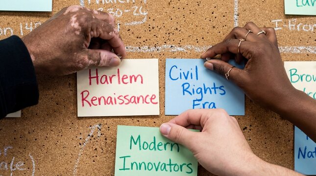Diverse hands pinning notes about black history events on a corkboard