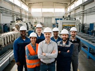 Diverse team of confident factory workers and engineers standing in a modern manufacturing plant