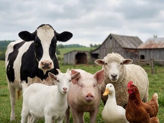 Fototapeta premium Group of farm animals including cow sheep and pig standing together in a green field near a barn