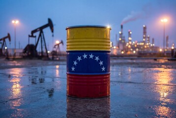 Metal oil barrel painted with venezuelan national flag against industrial petroleum refinery