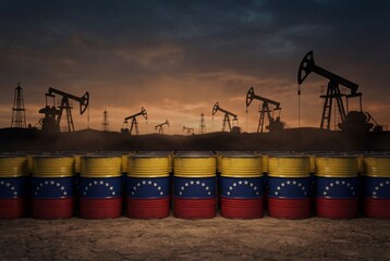 Rows of crude oil barrels with venezuela flag standing before silhouetted pump jacks at sunset