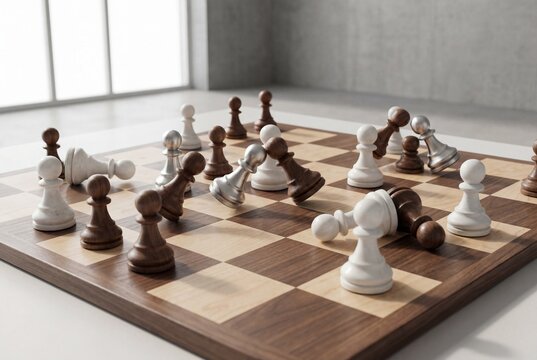 Chaotic battle of pawns falling and colliding on a wooden chessboard in an intense conflict scene