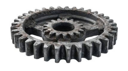 Interlocking old rusty gears creating a complex mechanical system on a transparent background