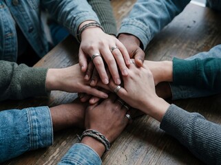 Diverse team stacking hands in unity over wooden table to show strong collaboration and friendship