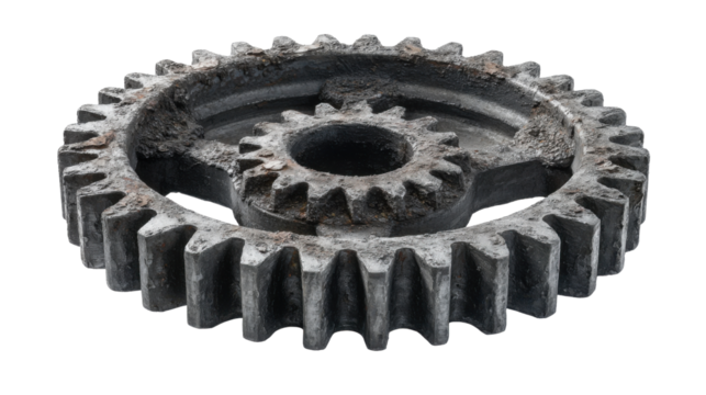 Interlocking old rusty gears creating a complex mechanical system on a transparent background - Powered by Adobe