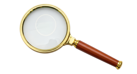 A gold-colored magnifying glass with a wooden handle, isolated on a png transparent
