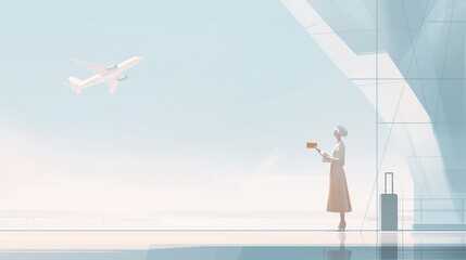 Woman stands in airport reading ticket as airplane departs. Travel mobility concept supports aviation, tourism, and business travel services
