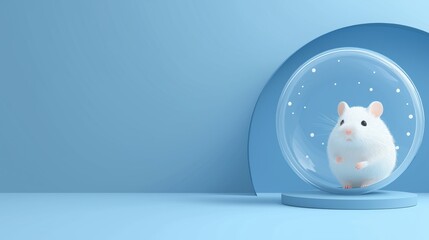White hamster stands inside transparent wheel, representing isolation, safety, and control concepts. Minimal scene illustrates laboratory testing, technology protection, and risk management ideas