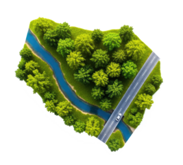 A green and blue river flows through a lush, green landscape with a road running through it, surrounded by trees and a clear sky.