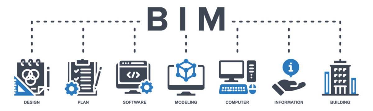 BIM banner web icon vector illustration concept for building information modeling with icon of design, planning, software, 3D modeling, computer system, information, and building structure.